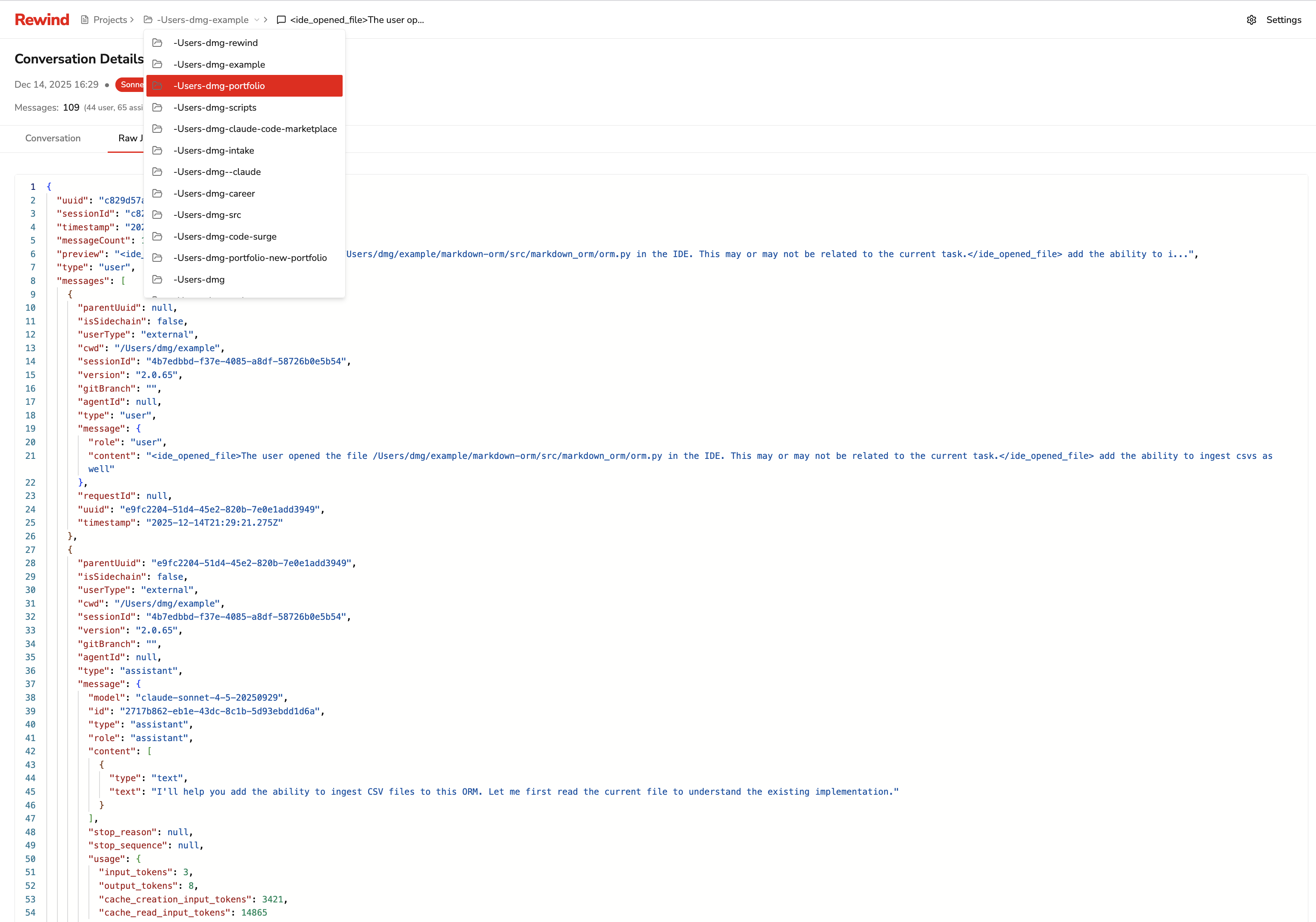 Clean navigation interface with project and conversation browsing capabilities